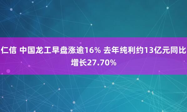 仁信 中国龙工早盘涨逾16% 去年纯利约13亿元同比增长27.70%